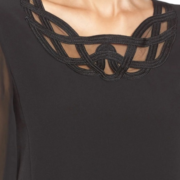 Little Black Dress, Sheer Sleeve Shift Dress with lace neck line, Cocktail Dress - Picture 2 of 13